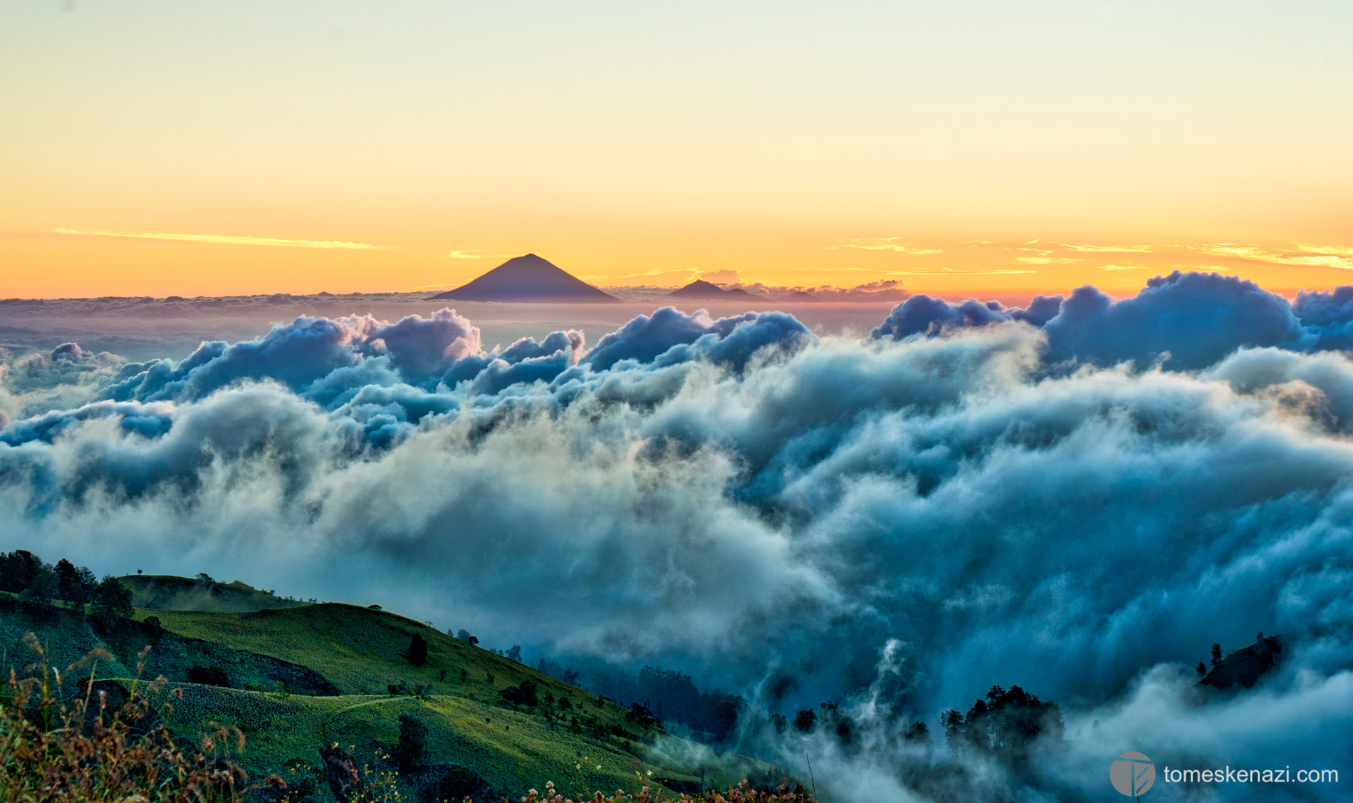 Sunrise from Rinjani volcano crater rim, Indonesia